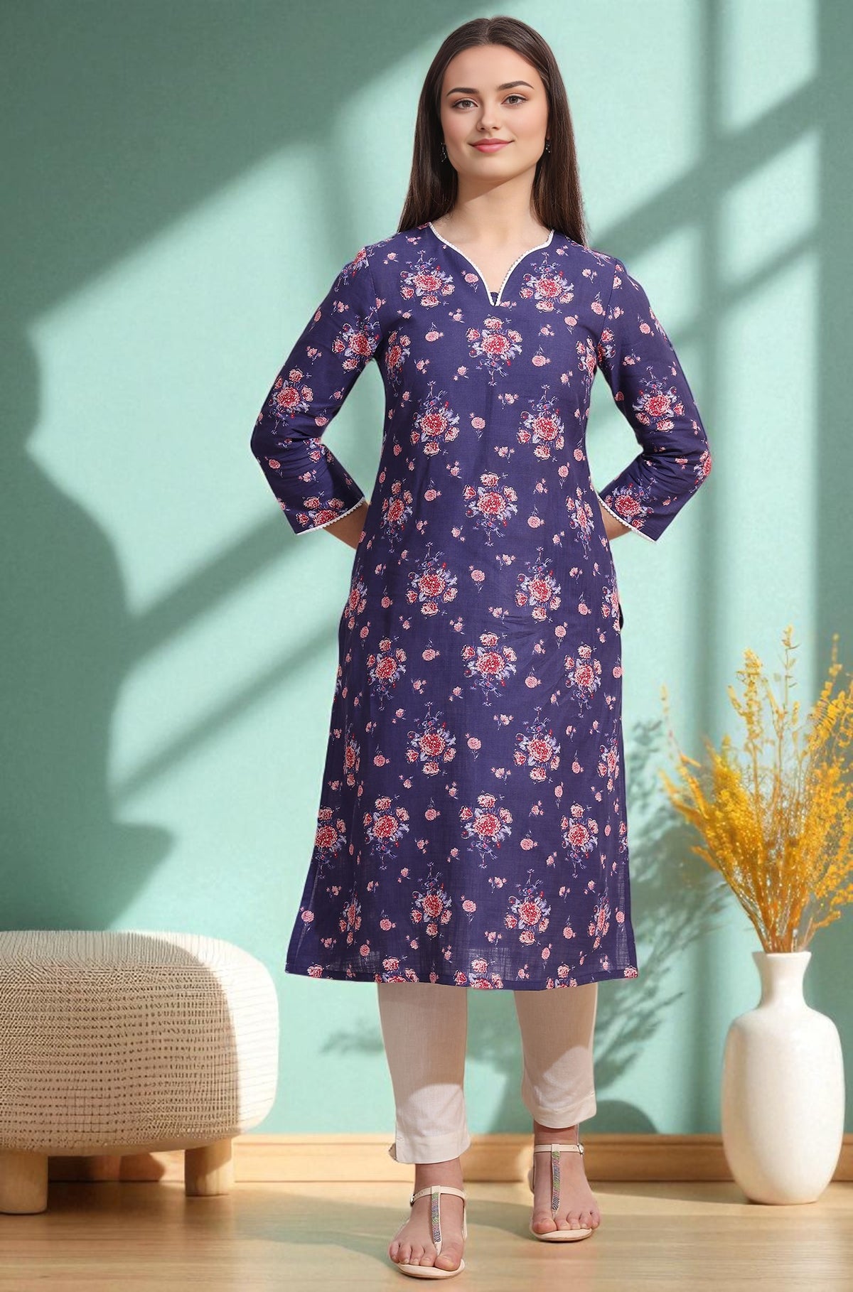 Purple Bold Floral Printed Cotton Cambric Straight Kurta - XS