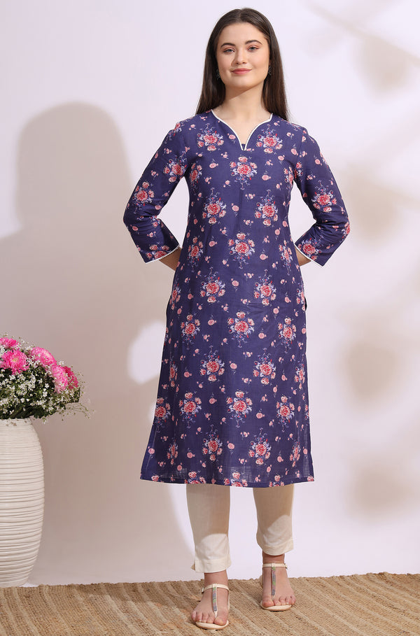 Purple Bold Floral Printed Cotton Cambric Straight Kurta