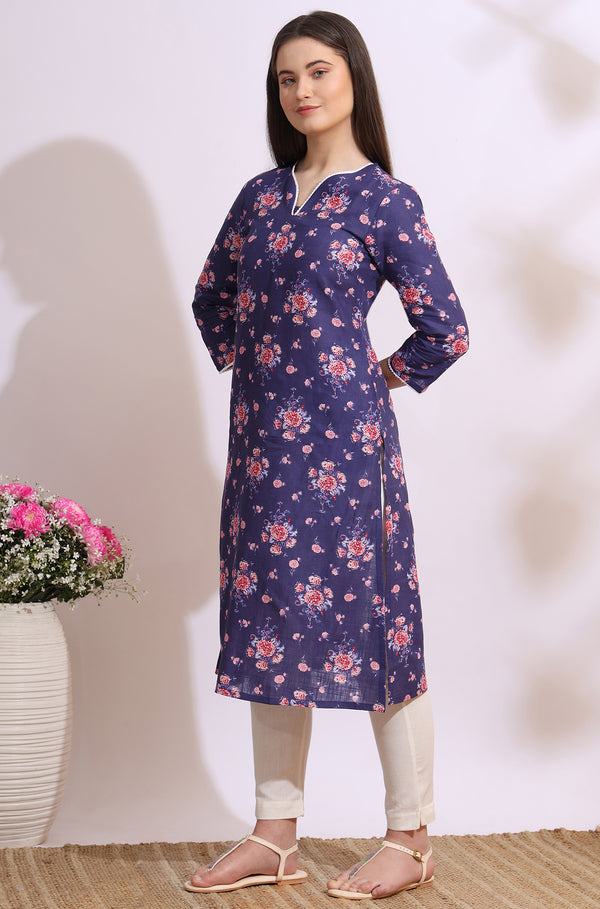 Purple Bold Floral Printed Cotton Cambric Straight Kurta