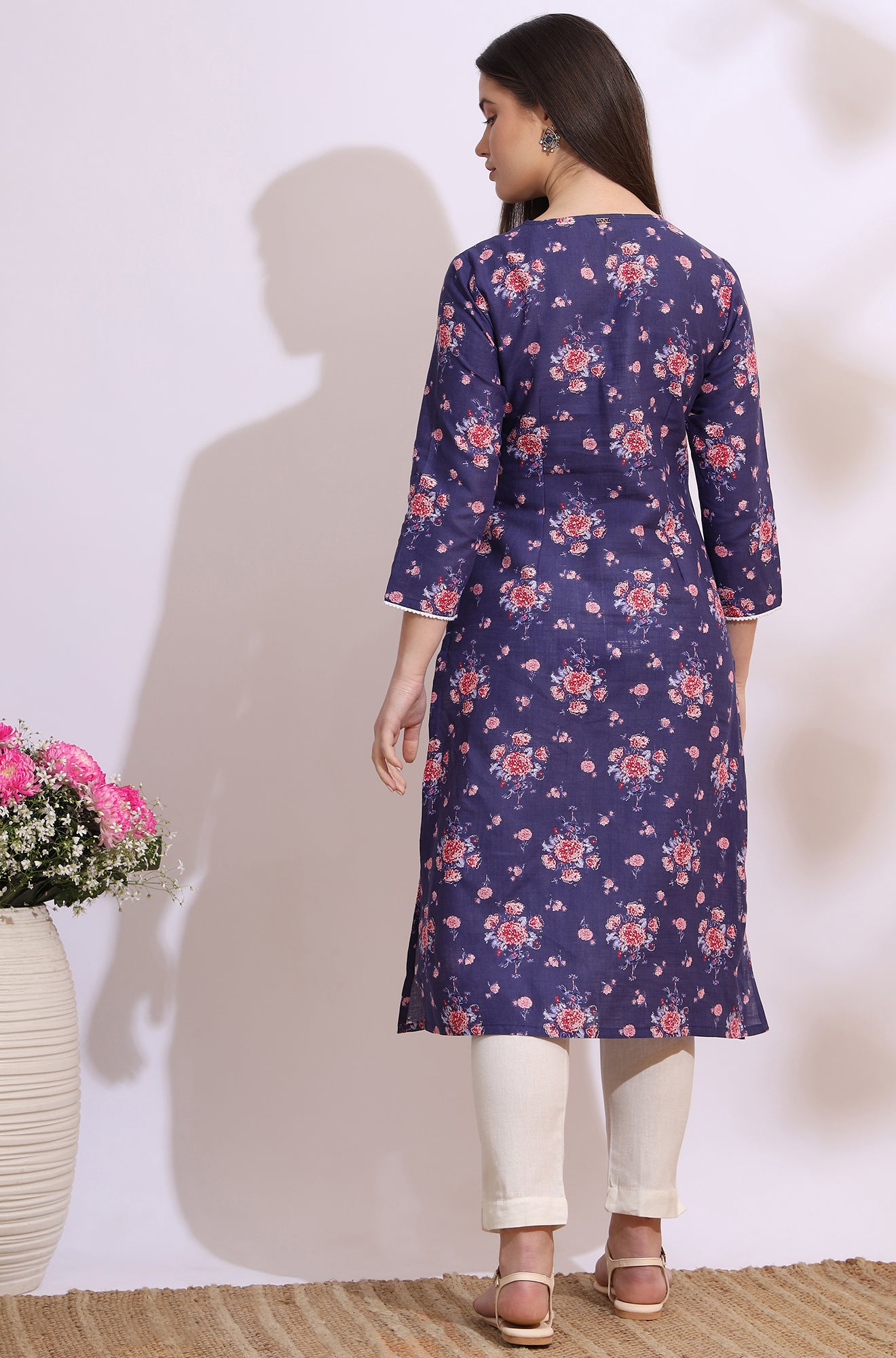 Purple Bold Floral Printed Cotton Cambric Straight Kurta