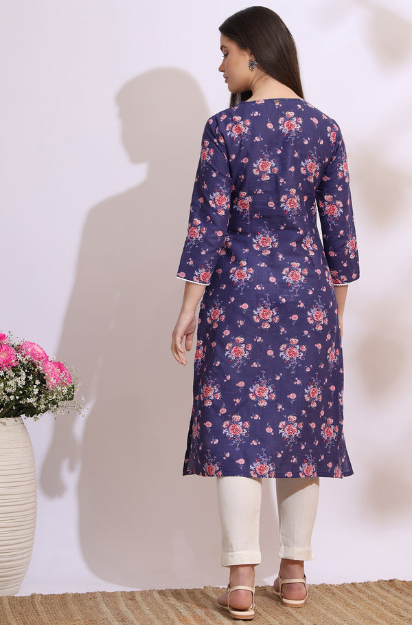 Purple Bold Floral Printed Cotton Cambric Straight Kurta