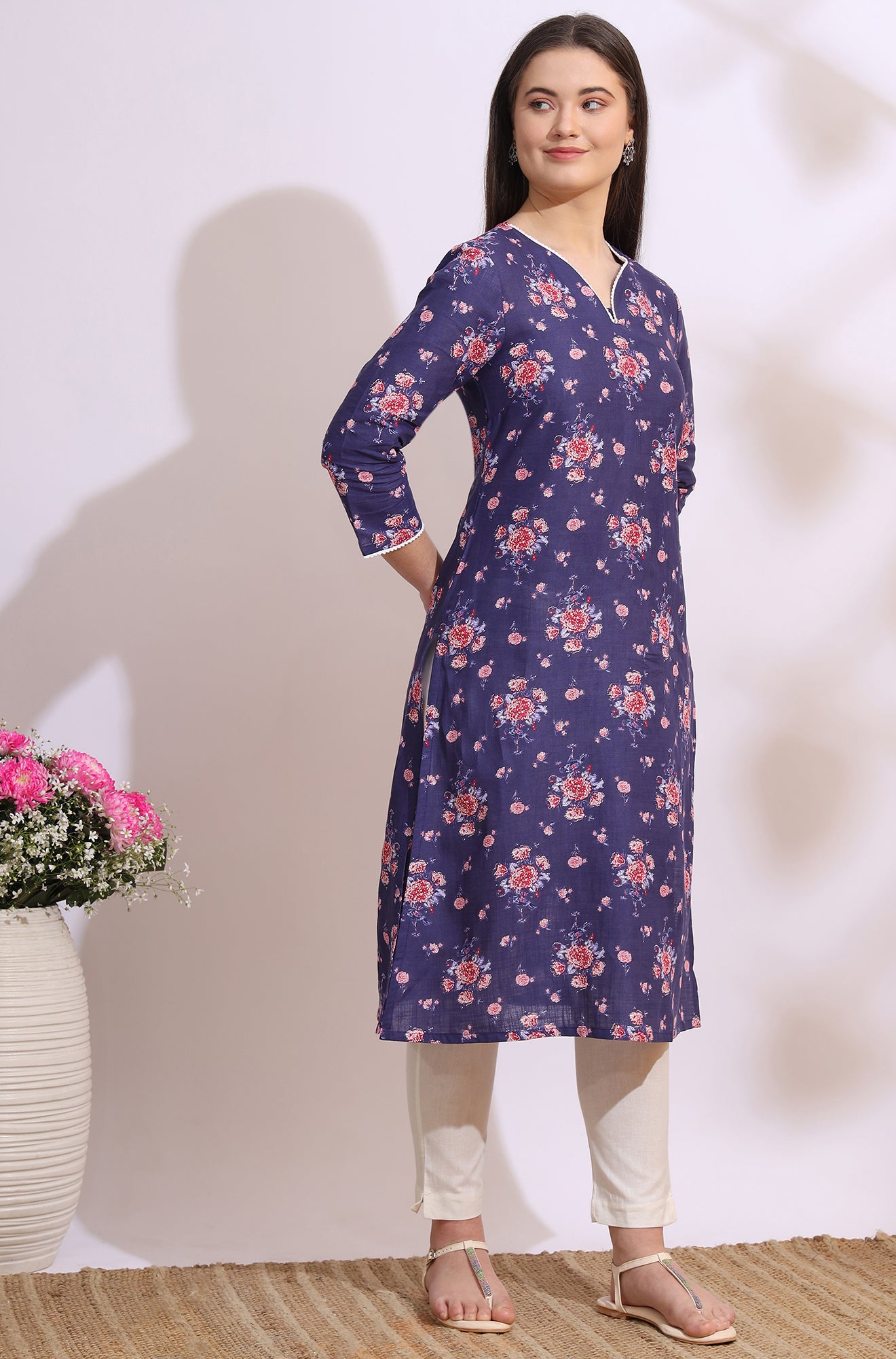 Purple Bold Floral Printed Cotton Cambric Straight Kurta