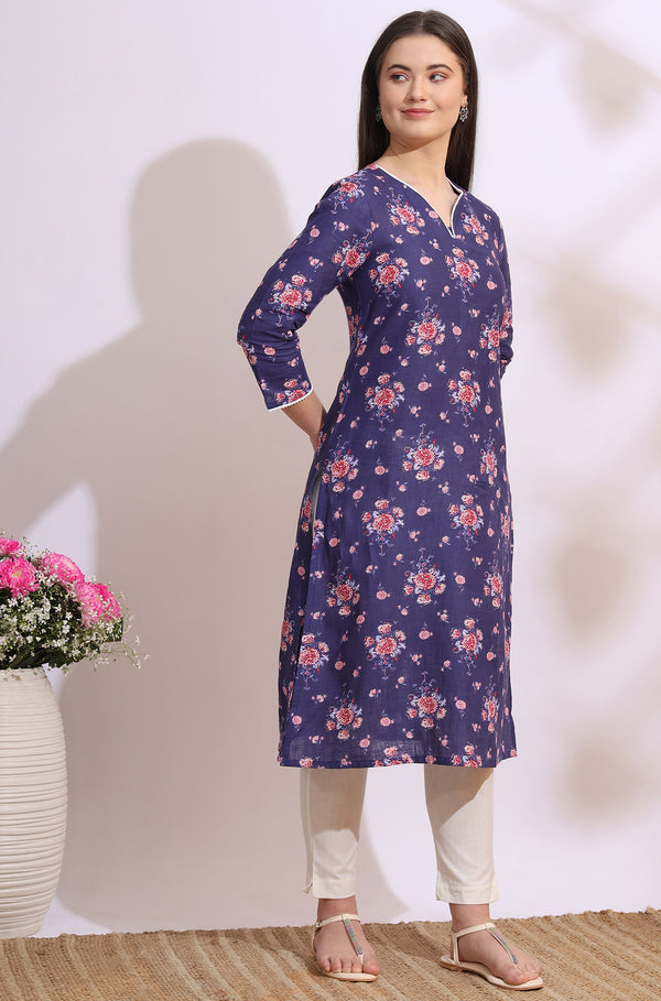 Purple Bold Floral Printed Cotton Cambric Straight Kurta