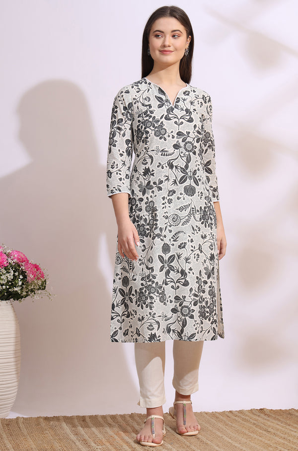 Off-White Bold Floral Printed Cotton Cambric Straight Kurta