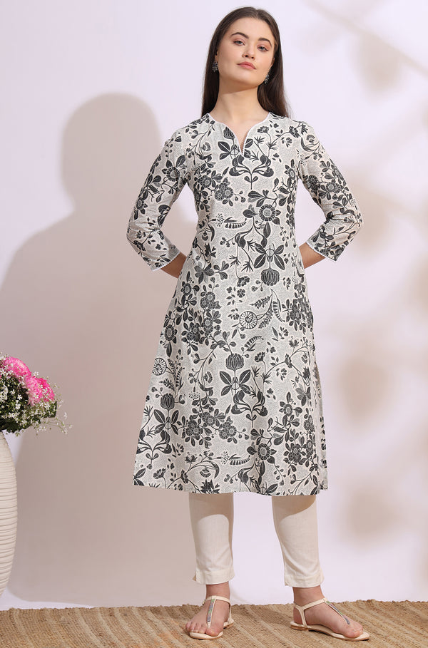 Off-White Bold Floral Printed Cotton Cambric Straight Kurta