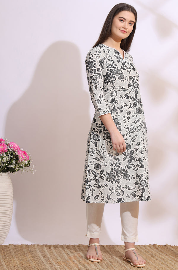 Off-White Bold Floral Printed Cotton Cambric Straight Kurta