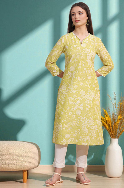 Lime Yellow Bold Floral Printed Cotton Cambric Straight Kurta