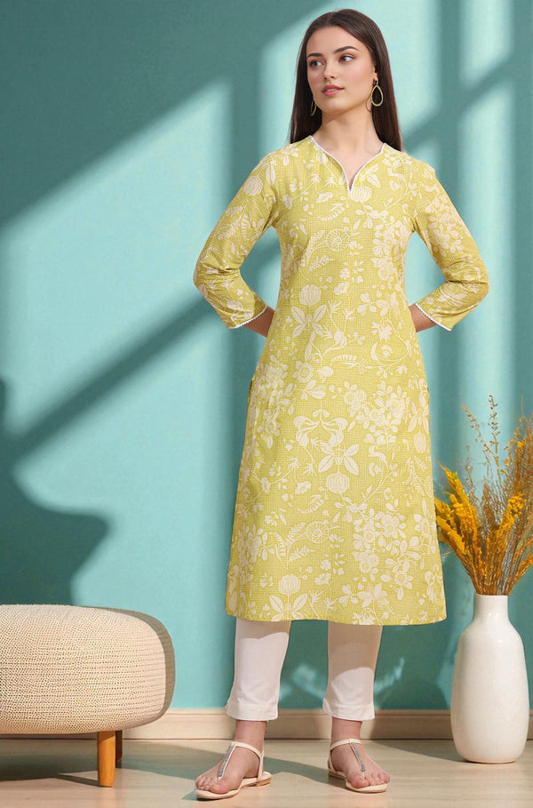 Lime Yellow Bold Floral Printed Cotton Cambric Straight Kurta