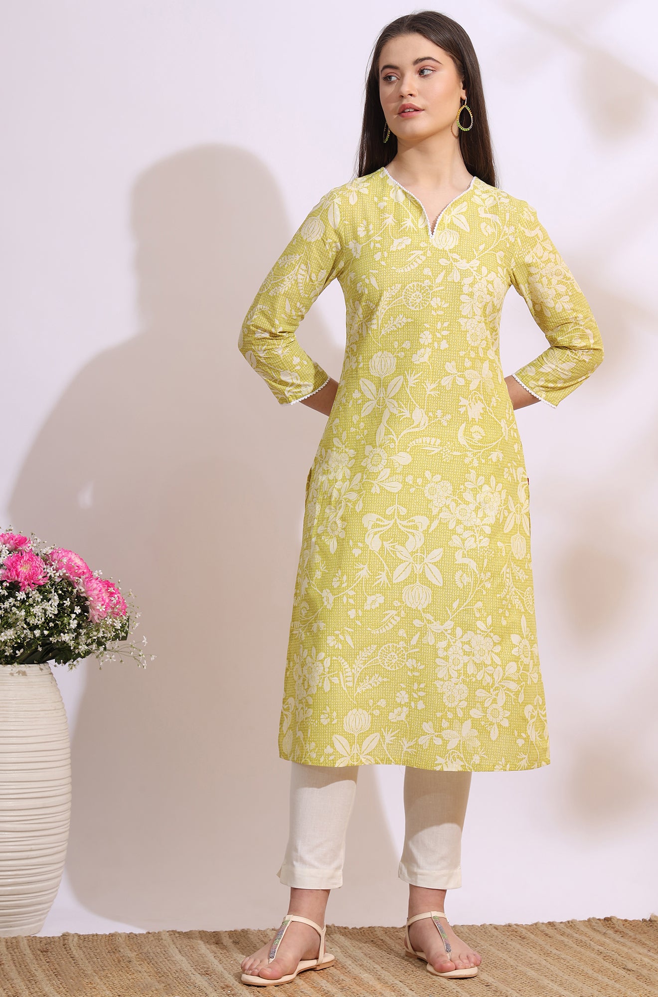 Lime Yellow Bold Floral Printed Cotton Cambric Straight Kurta