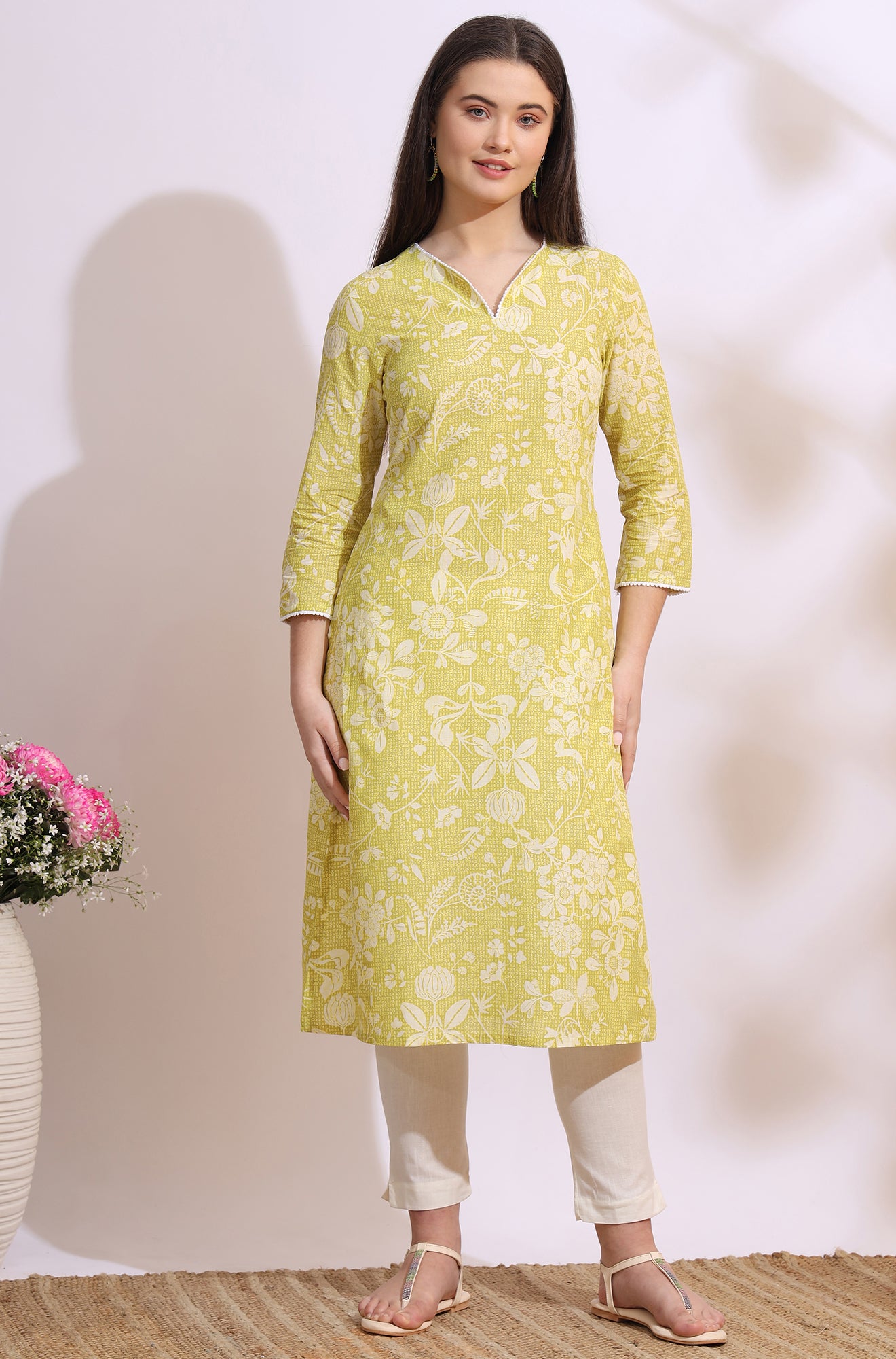Lime Yellow Bold Floral Printed Cotton Cambric Straight Kurta