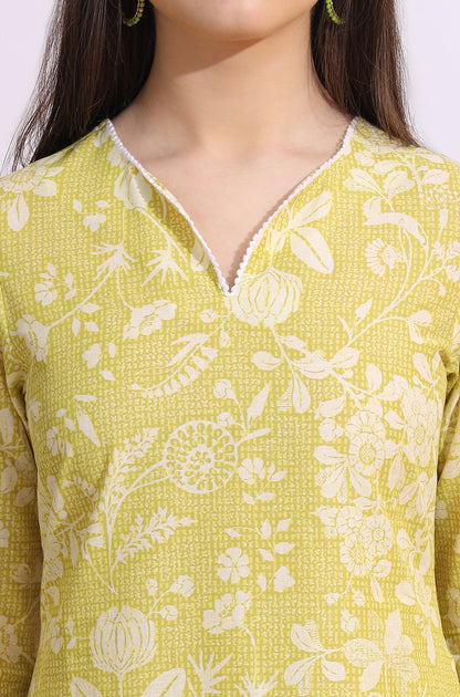 Lime Yellow Bold Floral Printed Cotton Cambric Straight Kurta