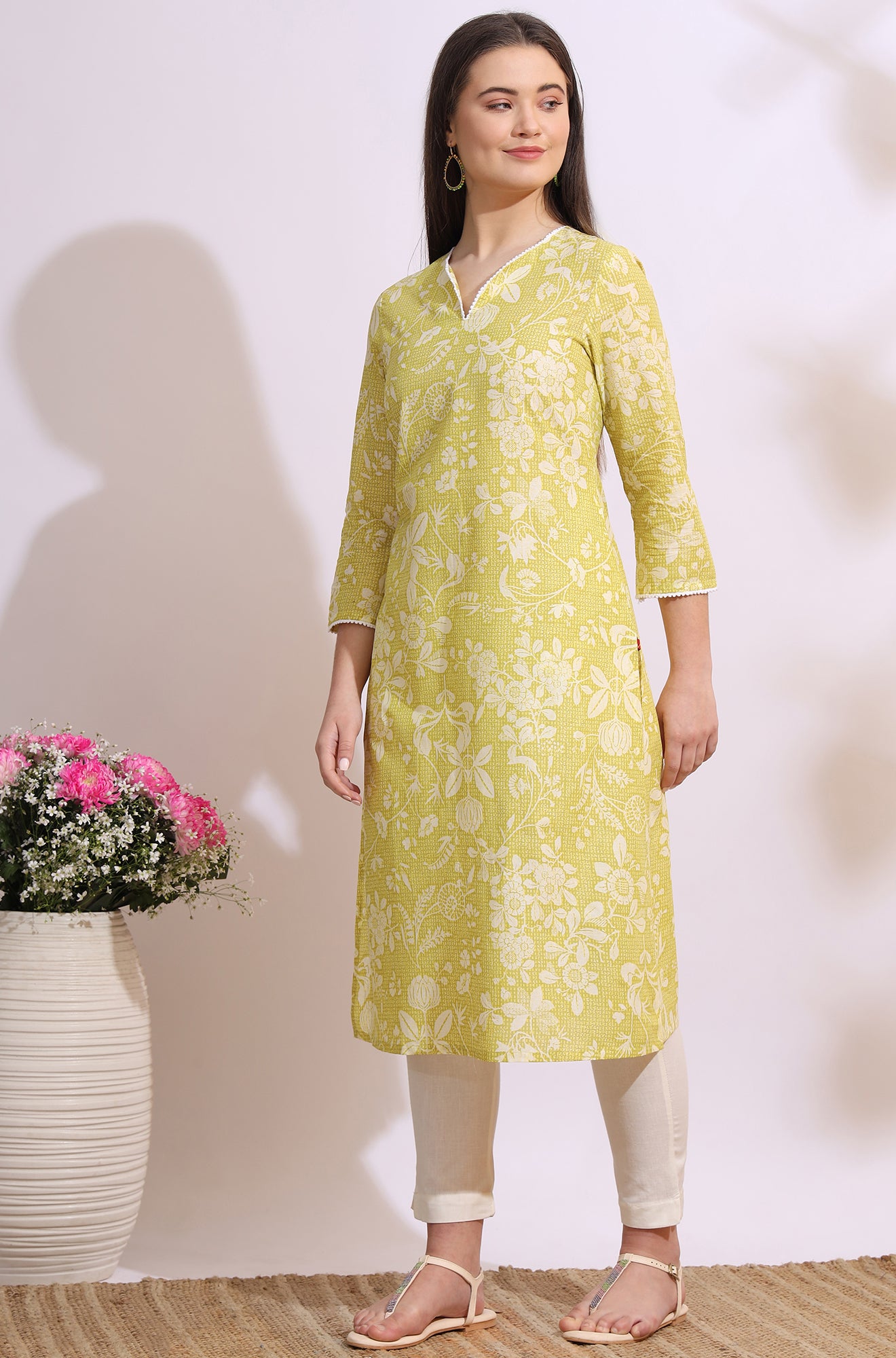 Lime Yellow Bold Floral Printed Cotton Cambric Straight Kurta