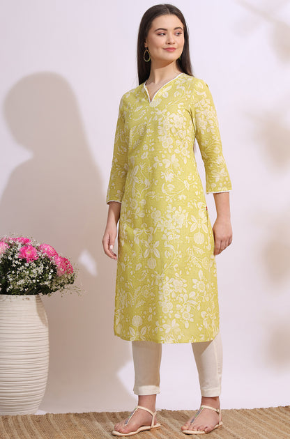Lime Yellow Bold Floral Printed Cotton Cambric Straight Kurta