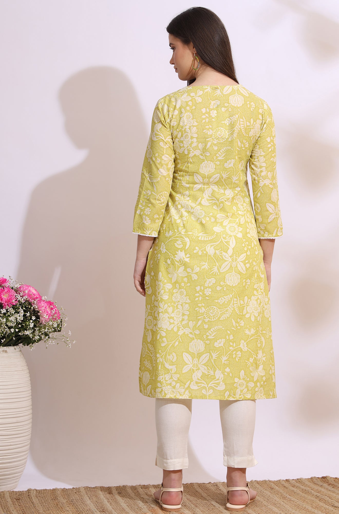 Lime Yellow Bold Floral Printed Cotton Cambric Straight Kurta