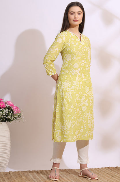 Lime Yellow Bold Floral Printed Cotton Cambric Straight Kurta