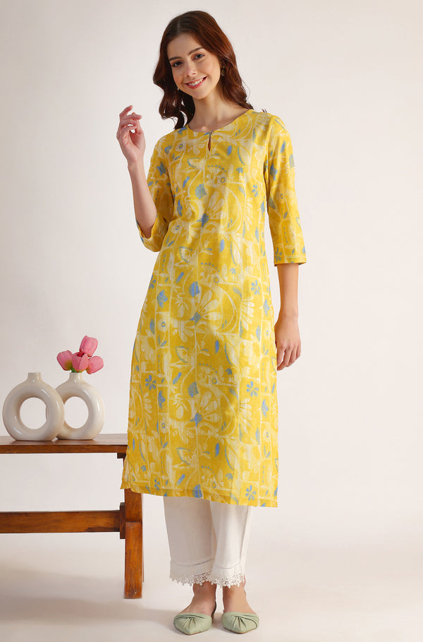 Yellow Floral Printed Straight Pure Cotton Kurta
