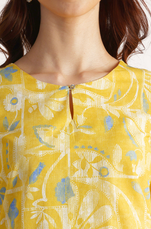 Yellow Floral Printed Straight Pure Cotton Kurta