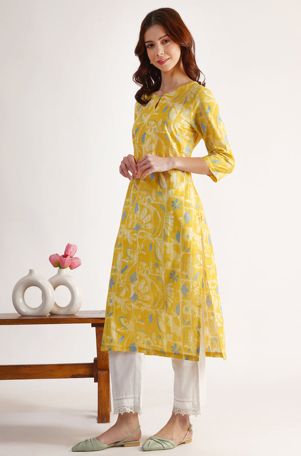 Yellow Floral Printed Straight Pure Cotton Kurta