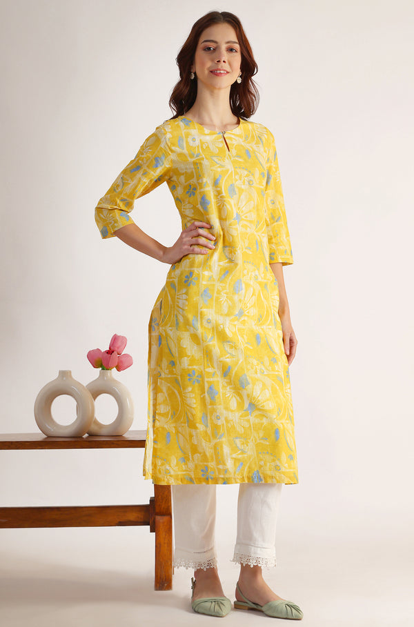 Yellow Floral Printed Straight Pure Cotton Kurta
