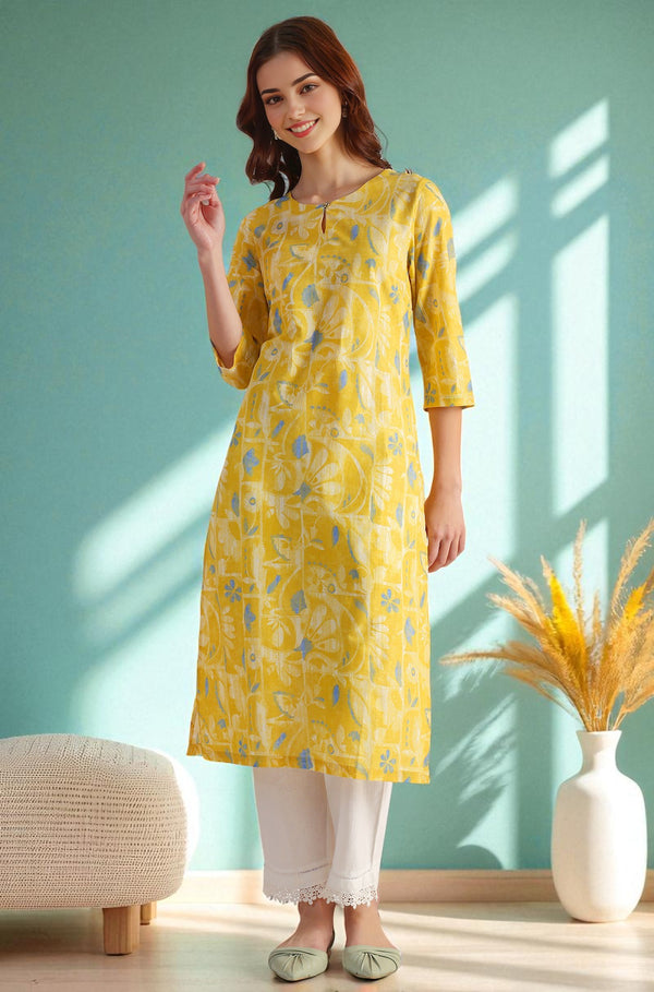 Yellow Floral Printed Straight Pure Cotton Kurta