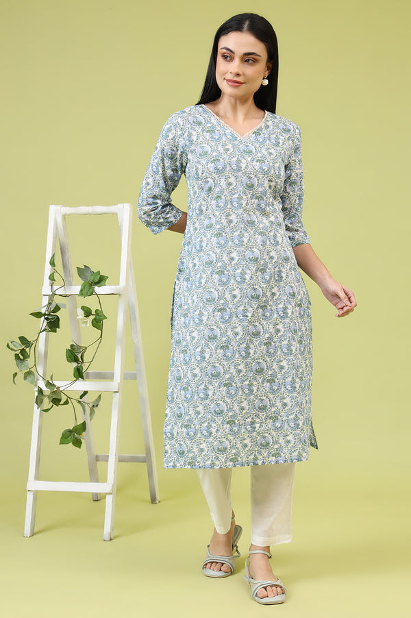 White and Blue Geometric Printed Pure Cotton Straight Kurta with Lace Detail
