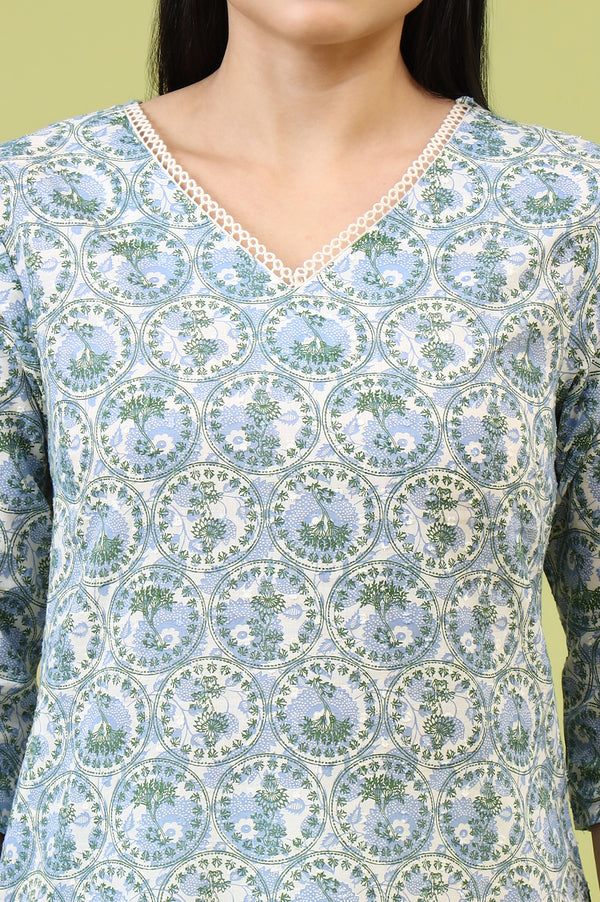 White and Blue Geometric Printed Pure Cotton Straight Kurta with Lace Detail