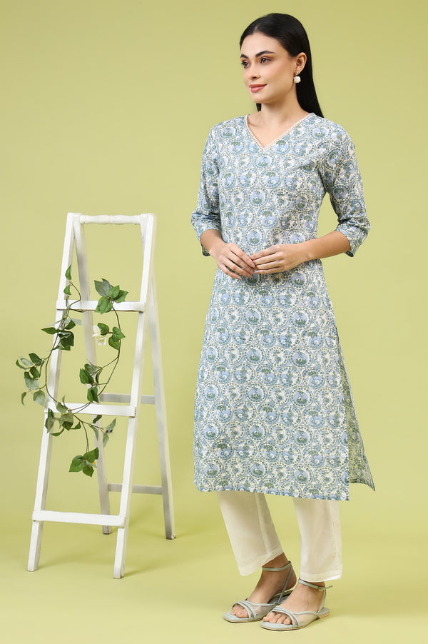 White and Blue Geometric Printed Pure Cotton Straight Kurta with Lace Detail