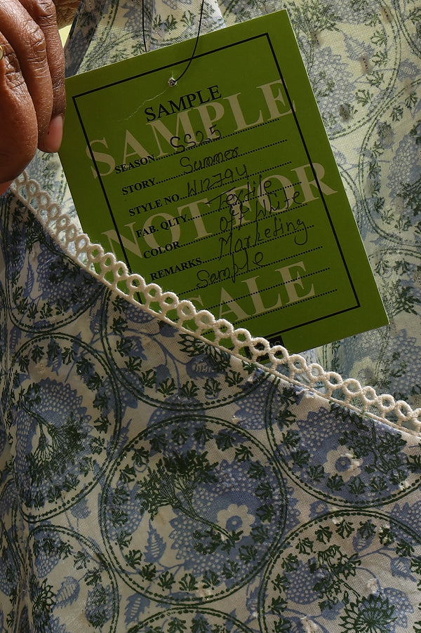 White and Blue Geometric Printed Pure Cotton Straight Kurta with Lace Detail