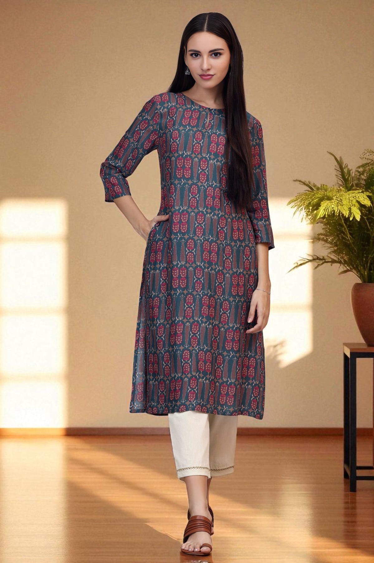 Forest Green Paisley Printed Rayon Straight Kurta - XS