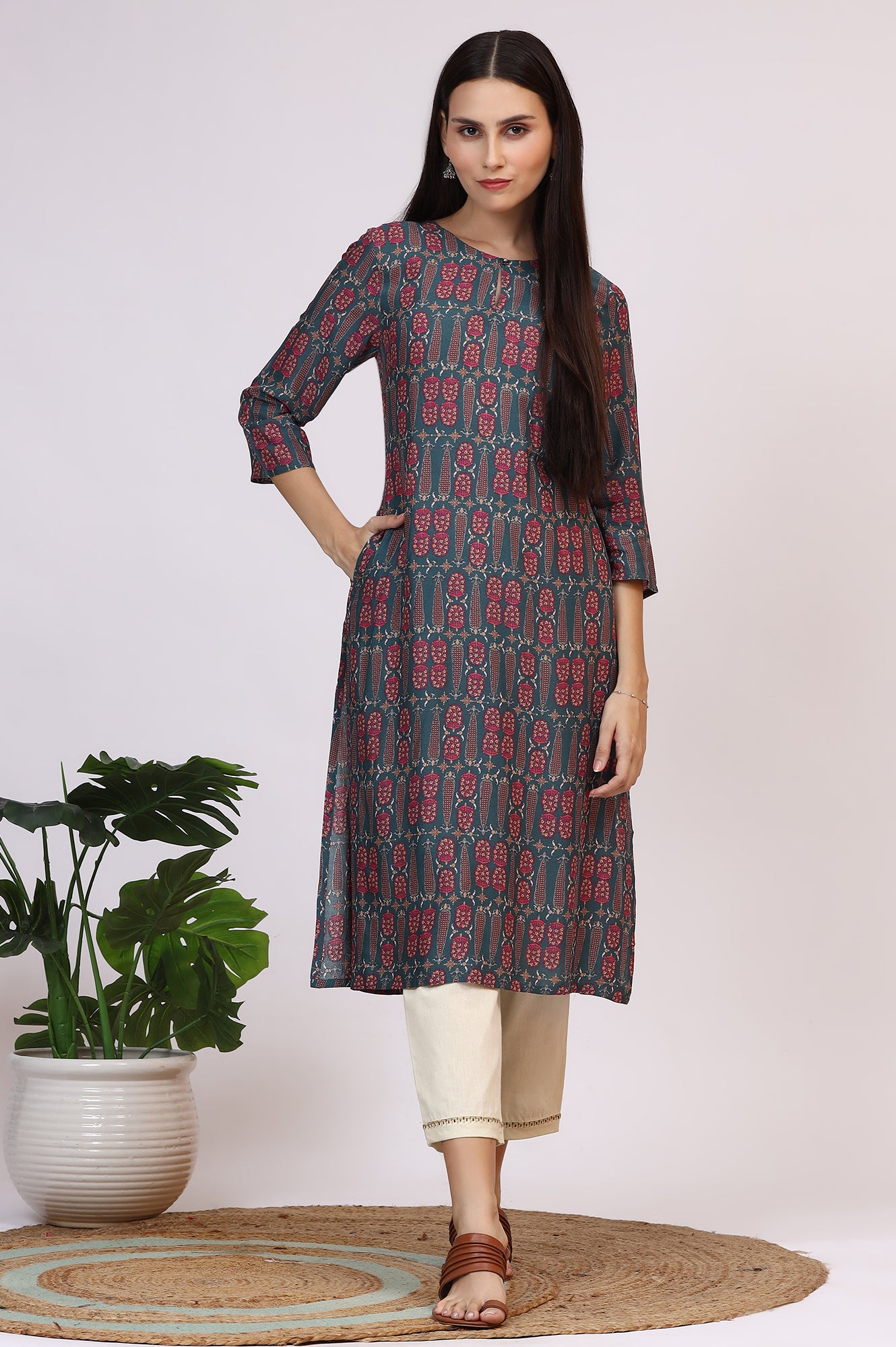 Forest Green Paisley Printed Rayon Straight Kurta