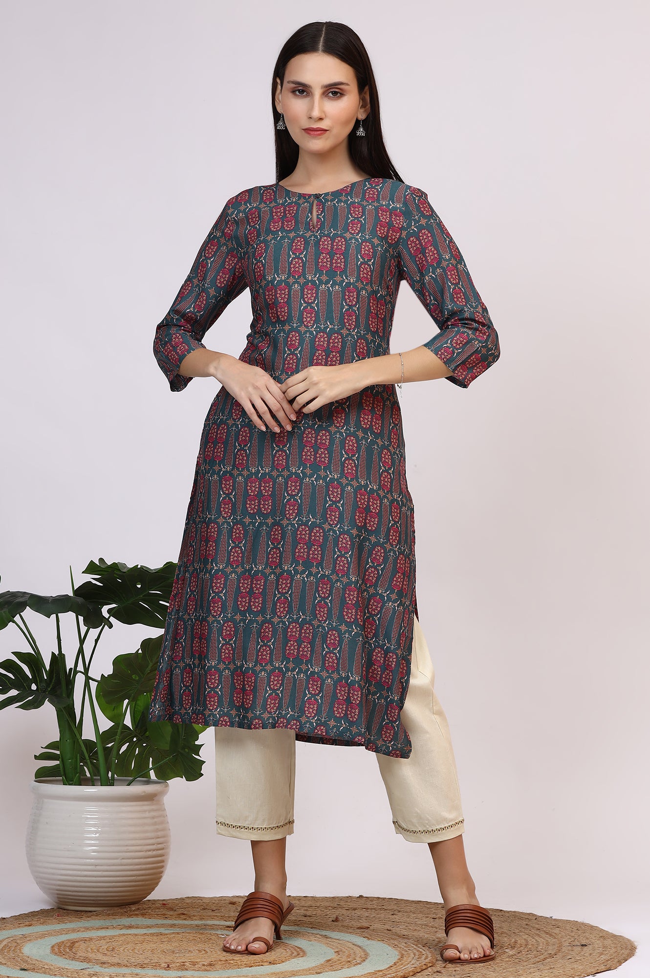 Forest Green Paisley Printed Rayon Straight Kurta