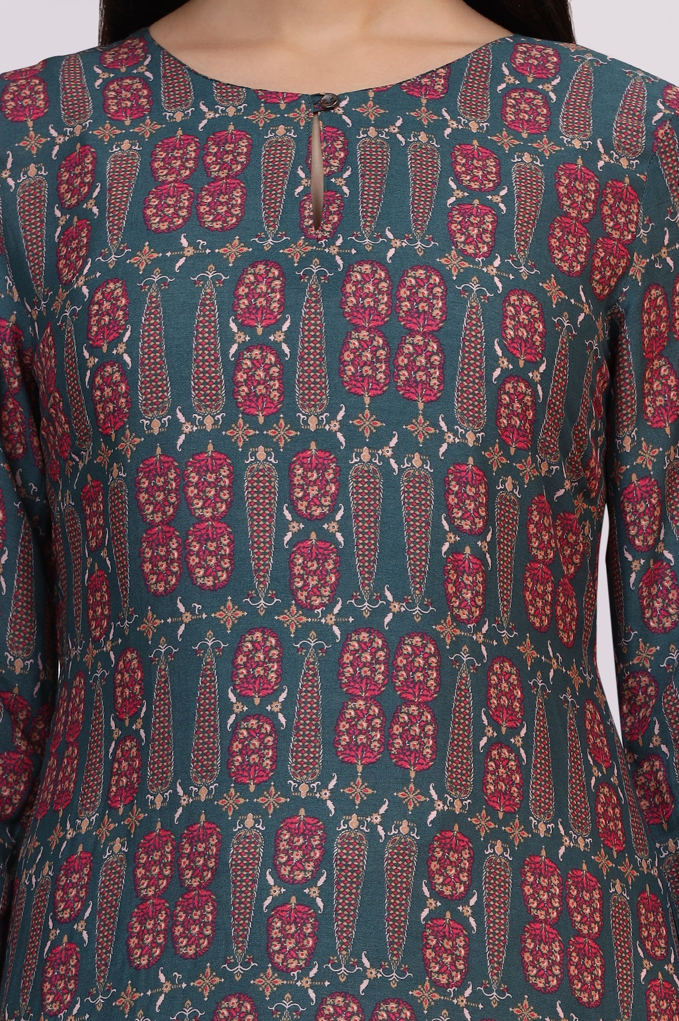 Forest Green Paisley Printed Rayon Straight Kurta