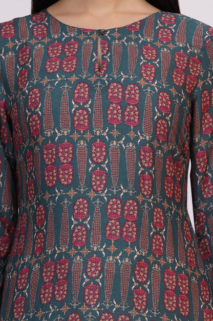 Forest Green Paisley Printed Rayon Straight Kurta