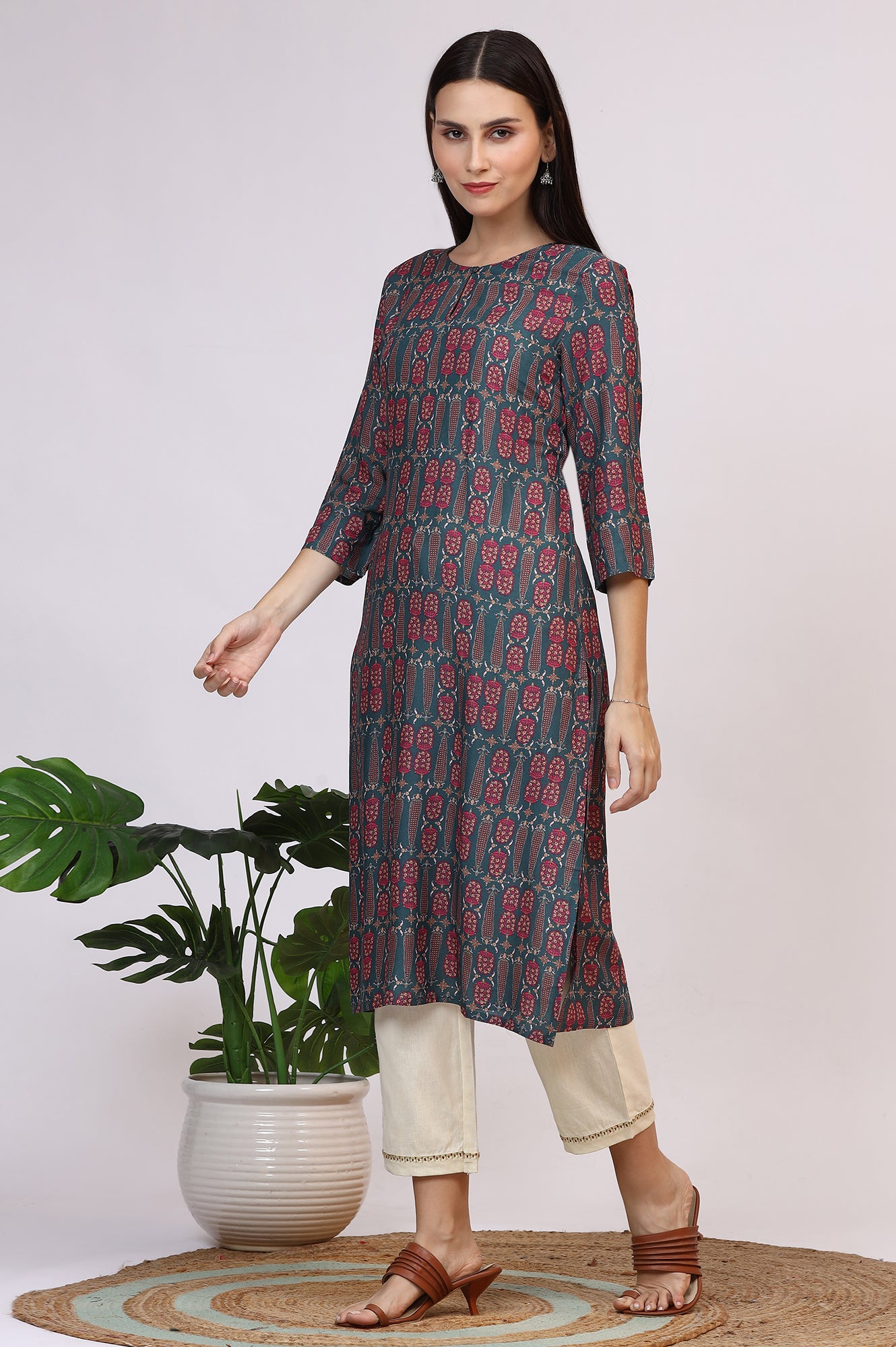 Forest Green Paisley Printed Rayon Straight Kurta
