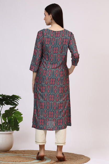 Forest Green Paisley Printed Rayon Straight Kurta