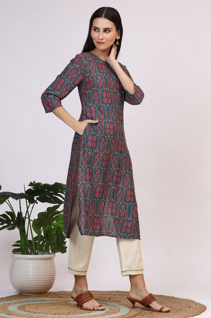 Forest Green Paisley Printed Rayon Straight Kurta