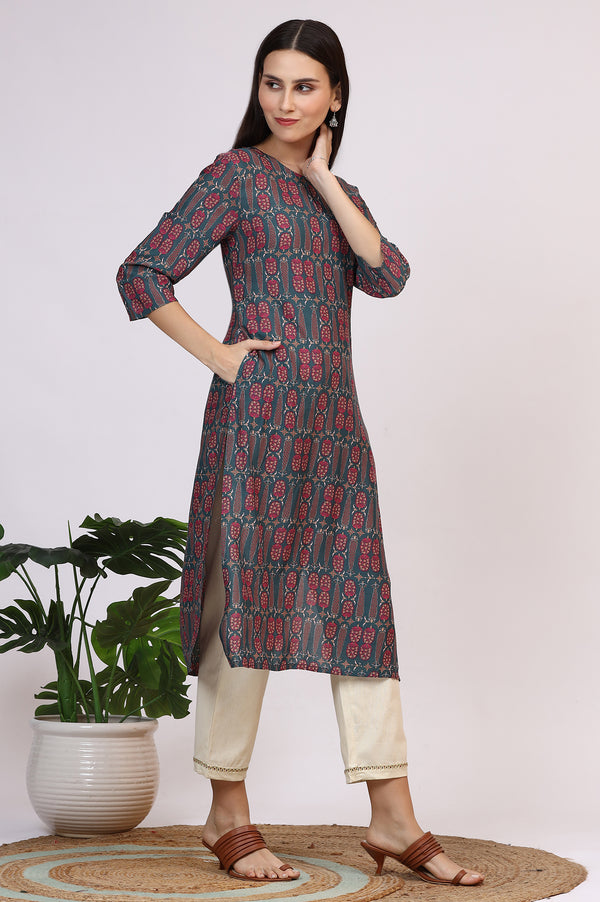 Forest Green Paisley Printed Rayon Straight Kurta
