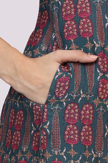 Forest Green Paisley Printed Rayon Straight Kurta