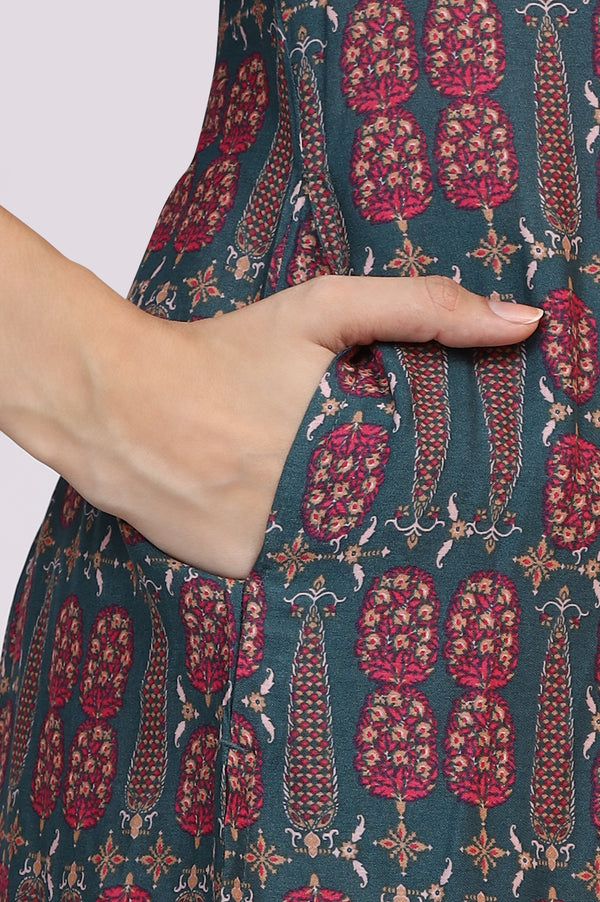 Forest Green Paisley Printed Rayon Straight Kurta