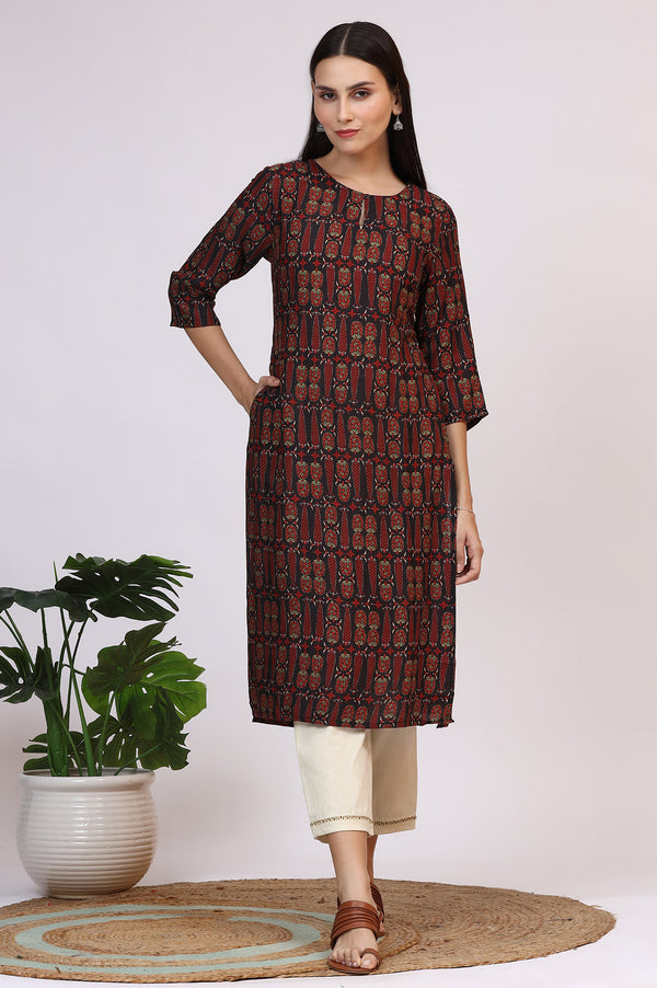Dark Brown Paisley Printed Modal Straight Kurta