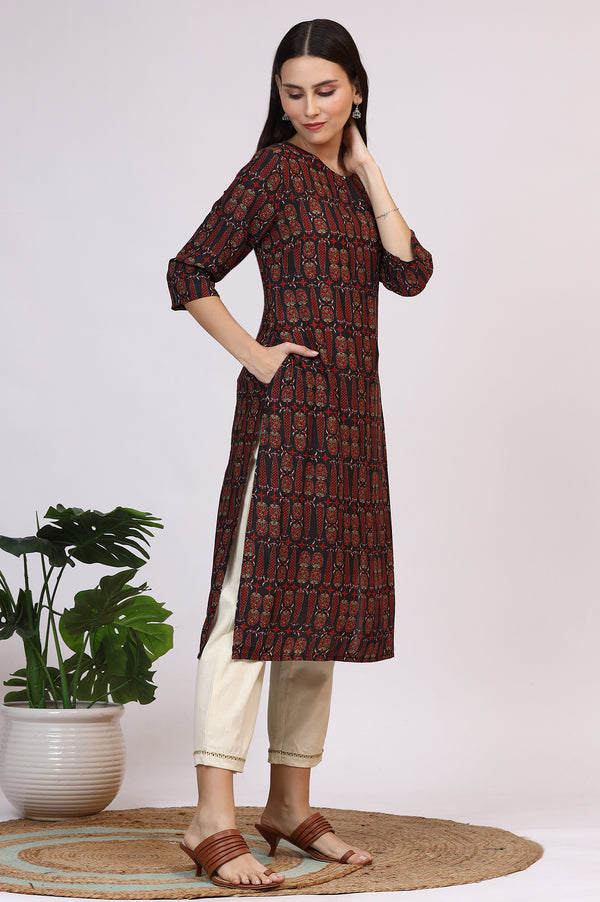 Dark Brown Paisley Printed Modal Straight Kurta