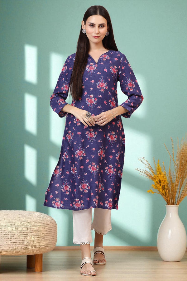 Purple Floral Printed Straight Kurta with Lace