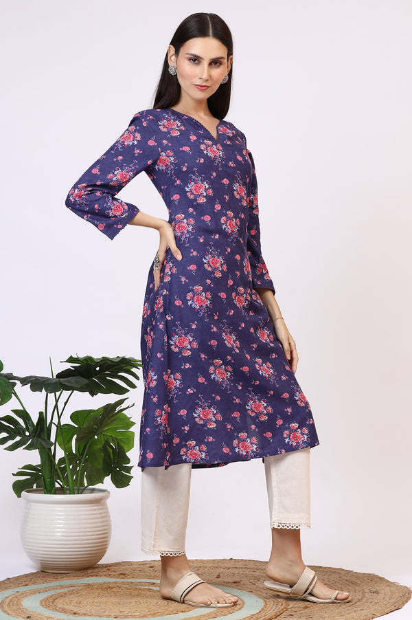 Purple Floral Printed Straight Kurta with Lace
