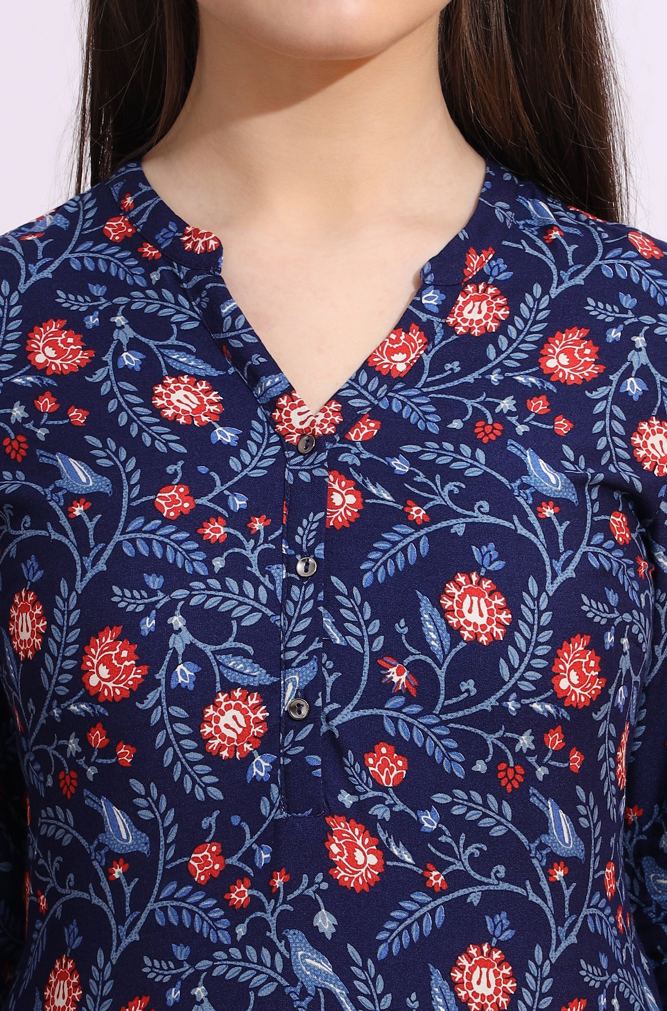 Blue Bold Floral Printed Cotton Cambric Straight Kurta