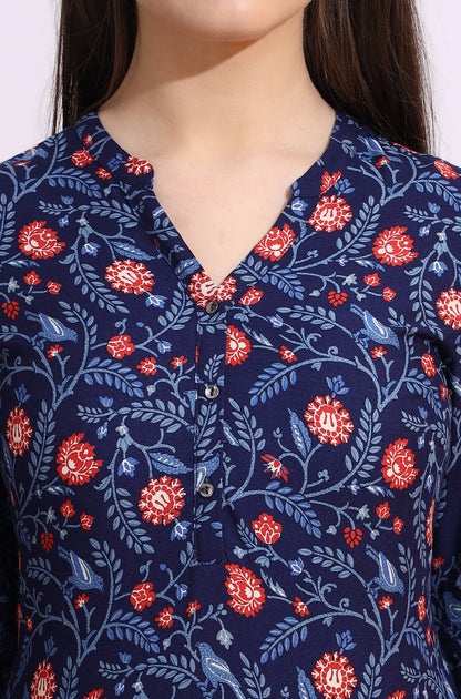 Blue Bold Floral Printed Cotton Cambric Straight Kurta