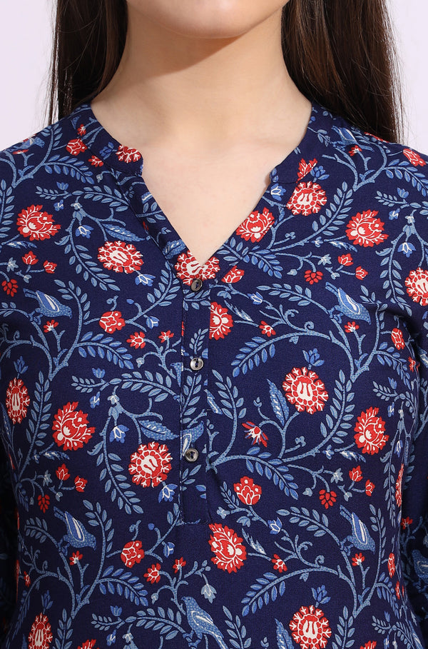 Blue Bold Floral Printed Cotton Cambric Straight Kurta