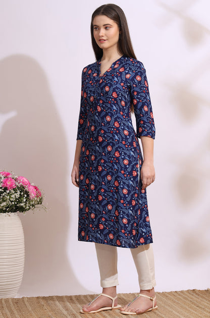 Blue Bold Floral Printed Cotton Cambric Straight Kurta