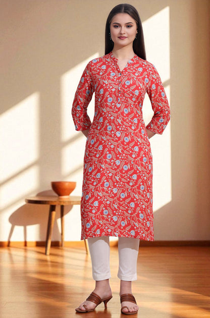 Orange Bold Floral Printed Cotton Cambric Straight Kurta