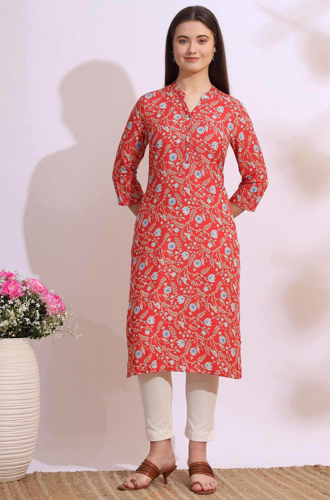 Orange Bold Floral Printed Cotton Cambric Straight Kurta
