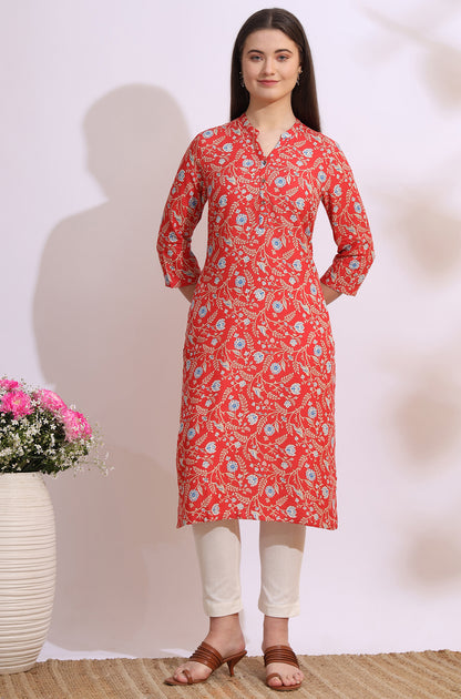 Orange Bold Floral Printed Cotton Cambric Straight Kurta